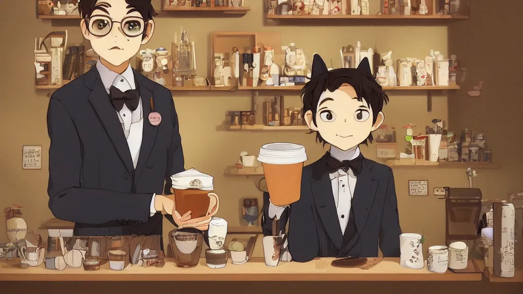 Image similar to a highly detailed portait of a cute little anthropomorphic cat barista wearing a suit in a coffee shop by studio ghibli, tiny, small, cute and adorable, pretty, beautiful, character art portrait, matte painting, Artstation