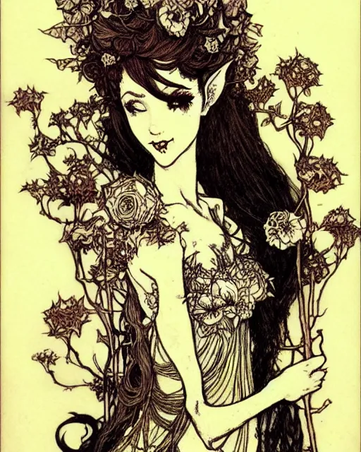 Image similar to burlesque elf, flowers in hair, fantasy character portrait, ultra realistic, concept art, intricate details, art nouveau, japanese woodblock, cinematic, highly detailed by arthur rackham