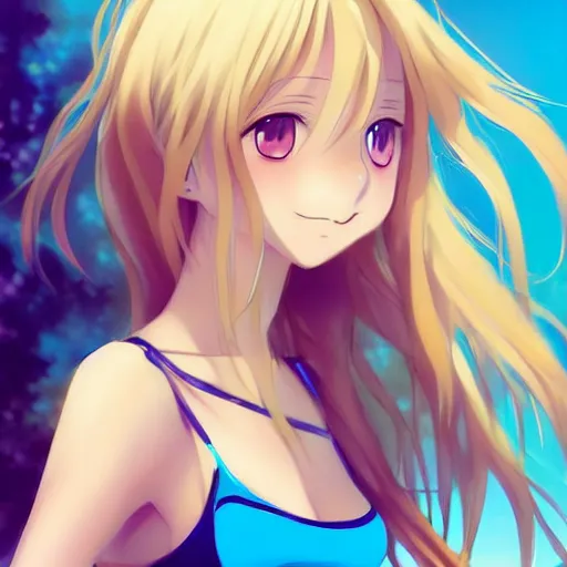 Image similar to a very beautiful young anime tennis girl, long blond hair, full body, ( sky blue eyes ), ( full round face ), short smile, bikini, miniskirt, highly detailed, cinematic wallpaper by stanley artgerm lau