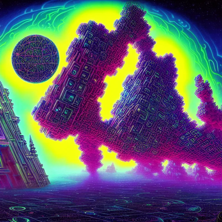 Image similar to mysterious satellites over epic mystical crystal temple, infinite fractal tesseract, quantum waves, synthwave, bright neon colors, highly detailed, cinematic, tim white, vladimir kush, jim burns, bob eggleton, philippe druillet, kubrick, aubrey beardsley, michael whelan, alfred kelsner, boris vallejo