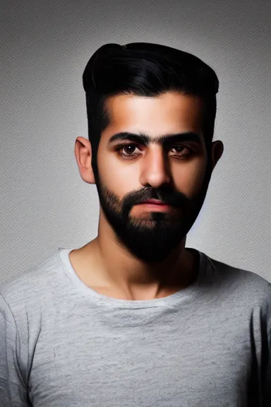 Prompt: portrait photo of a modern ( middle eastern ) enby wearing a dark shirt, upper body avatar, kodak portra 1 6 0, chiaroscuro lighting, stylized bold outline, striking colour, default pose neutral expression, face on head shot, closeup, eye contact, sharp focus, flat grey background, 4 k, volumetric, french nouveau, ultra detail