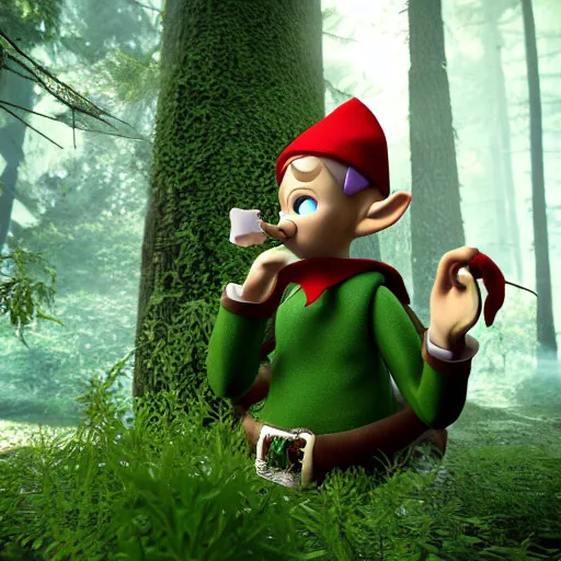 Image similar to 3d render of an elf smoking pipe weed in a dense forest. Unreal engine, nvidia, extremely detailed, sharp