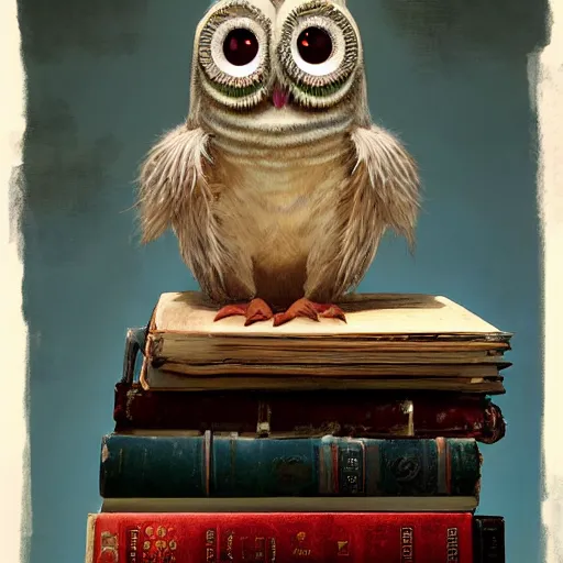 Image similar to long shot of a very cute plushy owl with sleepy eyes sitting on a pile of antique books, by esao andrews, by james jean, humorous illustration, hyperrealistic, big depth of field, fresh colors, dim light, 3 d octane render conceptart, 4 k, hyperdetailed, trending on artstation