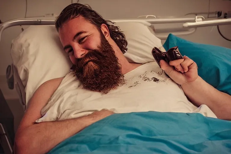 Image similar to “Happy man with big beard having summer vacation in Hospital bed. In the style of retro advertising”