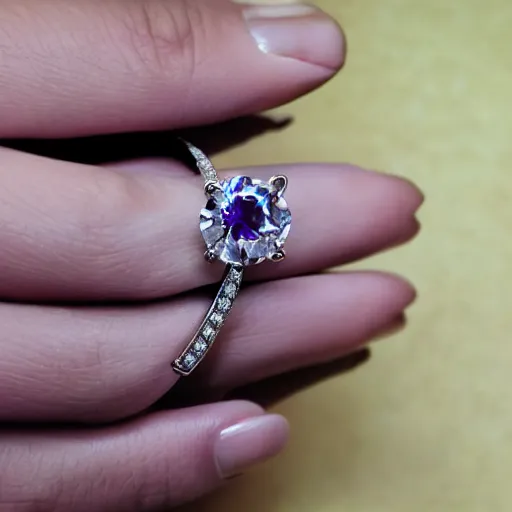 Prompt: a beautiful engagement ring on the hand of a woman, made out of shiny silver, the ring is engulfed in purple fire, high quality, photo realistic, detailed, 8k