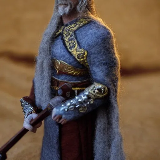 Image similar to needle felted king theoden from the return of the king (2003), highly detailed, tilt shift, eerie!, hyperrealism, highly textured, god rays