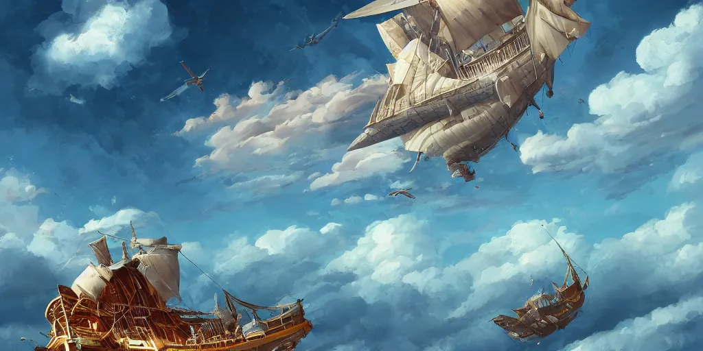 Image similar to a large 1 8 th century pirate airship flying among the clouds, soaring through the sky, airship, digital art, pirate ship, vivid colors, artgerm, james gilleard, beautiful, highly detailed, intricate, trending on art station