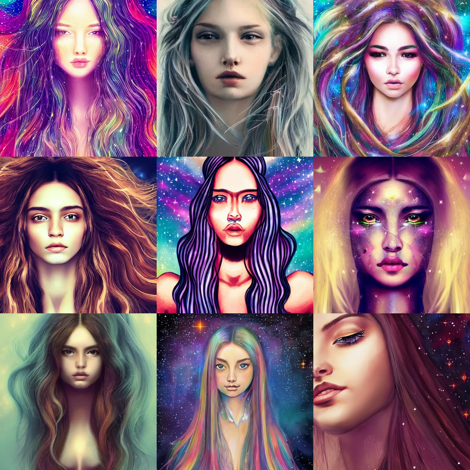 Prompt: girl with long hair, cosmic, magical, high detail of the face, high detail, high modernization, ultra mega super hyper realistic, ultra mega super hyper beautiful