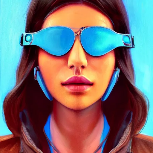 Image similar to closeup painting of a very beautiful young mexican cyberpunk woman with a smirk, wearing light blue shutter shades and a dark brown leather jacket, one side haircut, long brown hair with light blue ends, portrait, hyperdetailed, artstation, cgsociety, 8 k, synthwave by tangerine dream