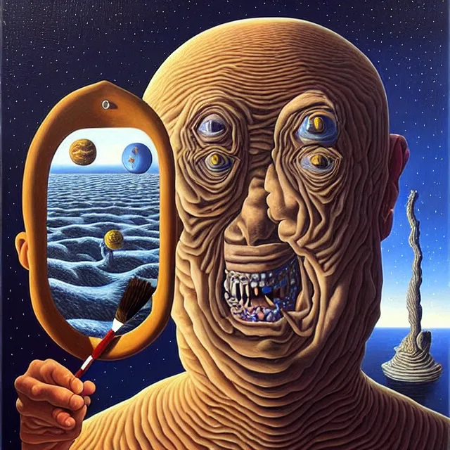 Prompt: an oil on canvas portrait of a man painting a portrait of a monster, surrealism, surrealist, cosmic horror, rob gonsalves, high detail