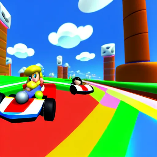 Image similar to thor on rainbow road, mario kart 6 4 screenshot, low poly, aliased