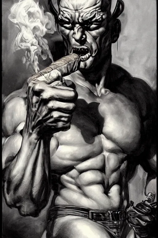 Image similar to A muscular demon smoking a cigar in a cyberpunk setting, by Frank Frazetta, Trending on Artstation, highly detailed,