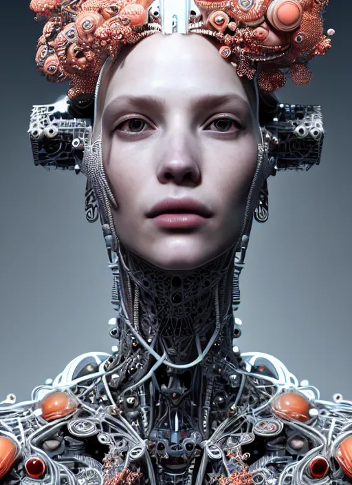 Image similar to portrait of an absurdly beautiful, graceful, sophisticated, fashionable cyberpunk mechanoid, hyperdetailed illustration by irakli nadar and vania zouravliov, matt wisniewski style, intricate linework, white porcelain skin, faberge, coral headdress, unreal engine 5 highly rendered, global illumination, radiant light, detailed and intricate environment