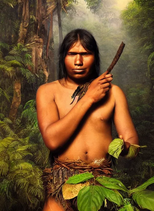 Image similar to a beautiful portrait of an indigenous man taking rapé in the jungle, taking tobacco snuff, fantasy art, matte painting, highly detailed