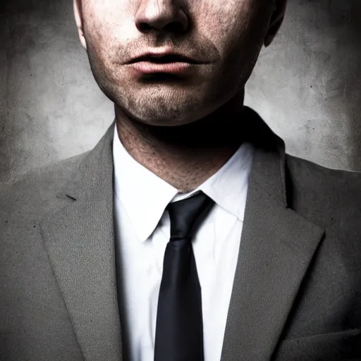 Image similar to man wearing a suit made of broken dreams, portrait, realistic, dark, eerie, sharp focus