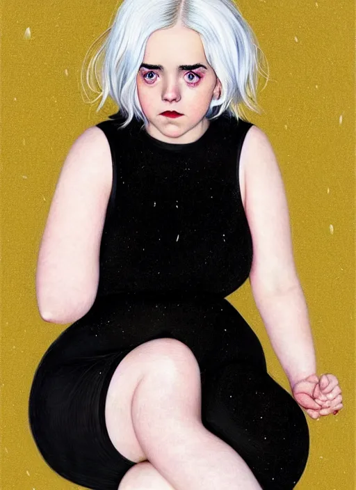 Image similar to full body portrait, kiernan shipka as sabrina spellman, white hair, obese, bangs, sultry, realistic, sultry smirk, fluffy bangs, freckles, fat, belly, intricate, elegant, highly detailed, digital painting, artstation, concept art, smooth, sharp focus, illustration, art by wlop, mars ravelo and greg rutkowski