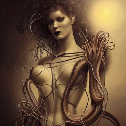 Image similar to By Tom Bagshaw, ultra realist soft painting of curiosities carnival by night, very beautiful bodysuit multiples thin tentacles cables, symmetry accurate features, very intricate details, ominous sky, black and white, volumetric light clouds