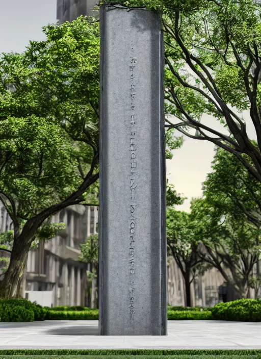 Image similar to highly detailed realistic architecture 3 d render of a futurisctic stele made from economics business standing in a city park, archdaily, made in unreal engine 4 octane render
