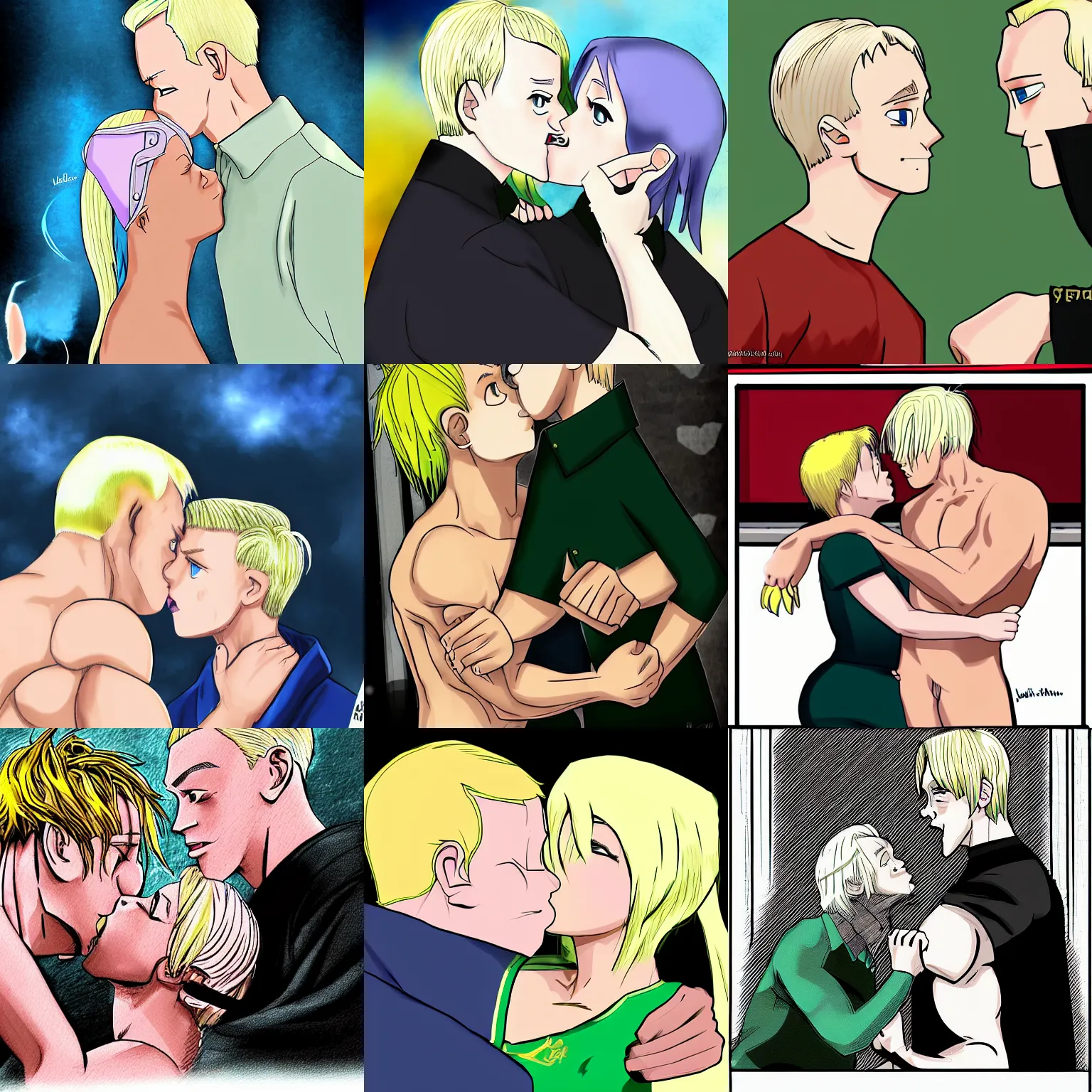 Prompt: john cena making out with draco malfoy. Deviant art anime.