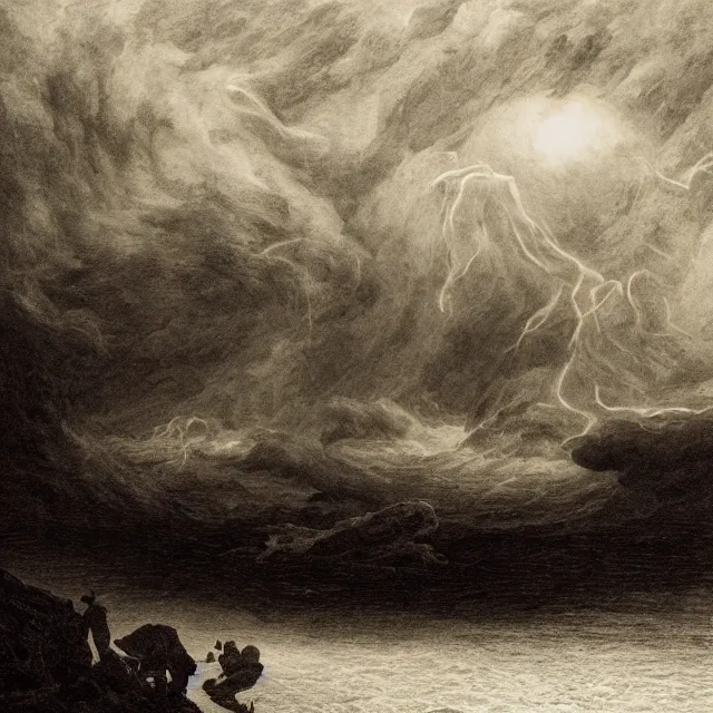 Prompt: an engraving portrait of cthulhu, caspar david friedrich, foggy, depth, strong shadows, stormclouds, illuminated focal point, highly detailed