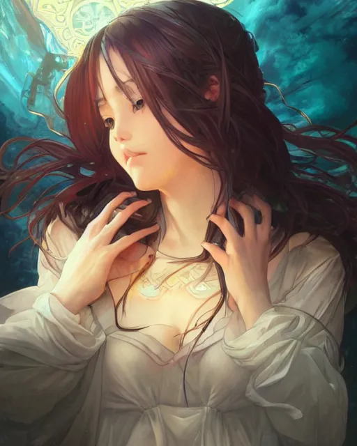 Image similar to illustration of an anime girl entranced bewitched mesmerized hypnotized mind controlled, spirals in eyes, by artgerm and wlop and greg rutkowski and alphonse mucha, digital art, extreme detail, realistic lighting, cinematic composition, concept art, sharp focus, colorful, photorealistic, 8 k