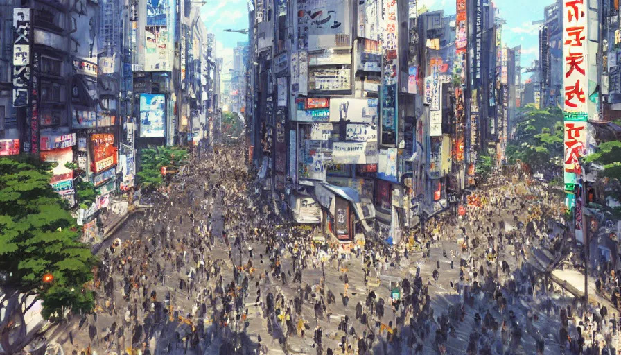 Prompt: shibuya tokyo on a beautiful day, trending on pixiv fanbox, painted by greg rutkowski makoto shinkai takashi takeuchi studio ghibli