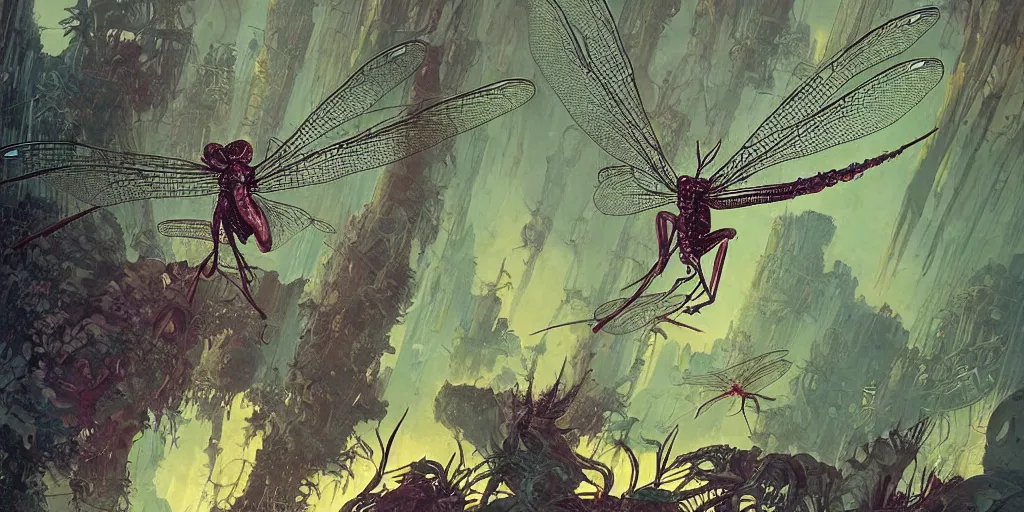 Image similar to dramatic angle on stylised giant dragonfly with few element of cyberpunk armor attacking very tiny dark creatures in fantasy jungle, by moebius!!!!, victo ngai!!!!, cinematic view!!!, dynamic lighting, night mood!!!!