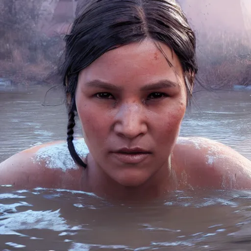 Image similar to hyperrealistic film full body still of sacagawea in river, inspired by istvan sandorfi & greg rutkowski & unreal engine, perfect facial symmetry, dim volumetric cinematic lighting, 8 k octane comprehensive render, extremely hyper - detailed, incredibly lifelike attributes, intricate, real flesh texture, masterpiece, artstation, stunning,