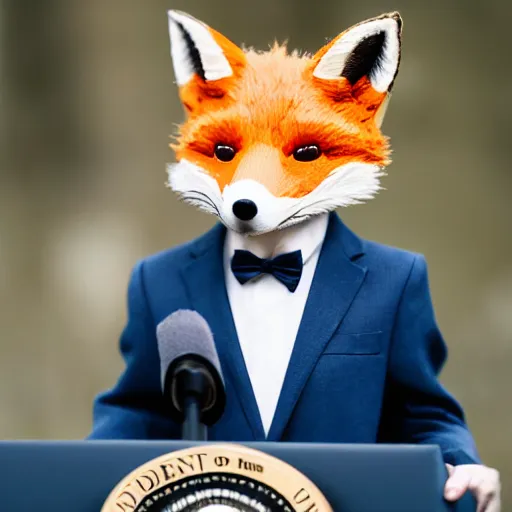 Prompt: a fox animal dressed in a suit giving a presidential speech, 8 5 mm f / 1. 4