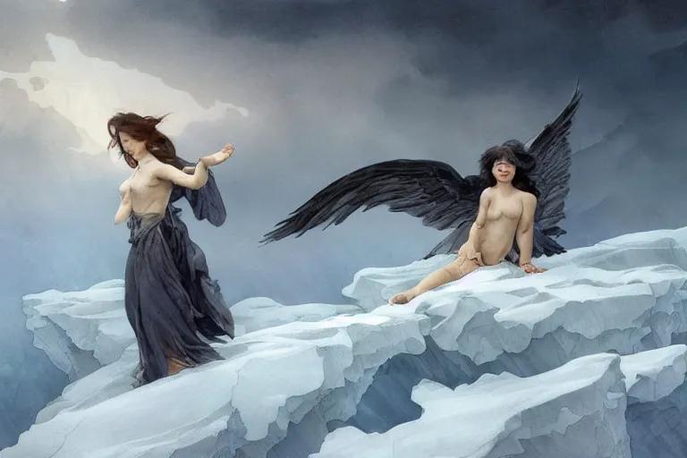 Image similar to harpies descending from the sky towards a baby harp seal on sea ice, with a gray and cool sky, ominous lighting, water color, art by artgerm and greg rutkowski and alphonse mucha and jin xiaodi and anthony devine