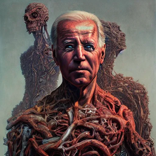 Prompt: joe biden as a shadow person, biopunk, body horror, creative design, environmental artwork, oil on canvas, by zdzisław beksinski, marco mazzoni, peter gric