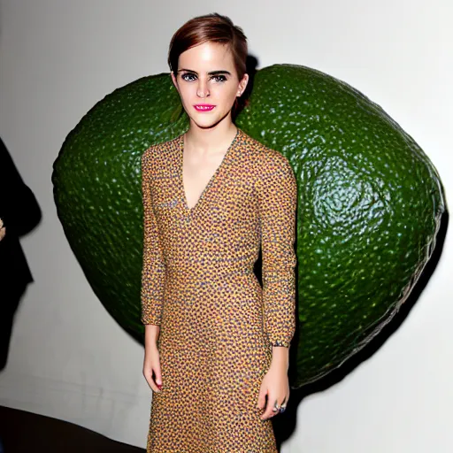 Image similar to portrait photograph of emma watson with an avocado dress