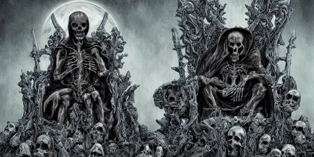 Image similar to Grim reaper sitting on a throne made of skulls, wide shot, digital art, fantasy, concept art, highly detailed, dark colors, blue tint,