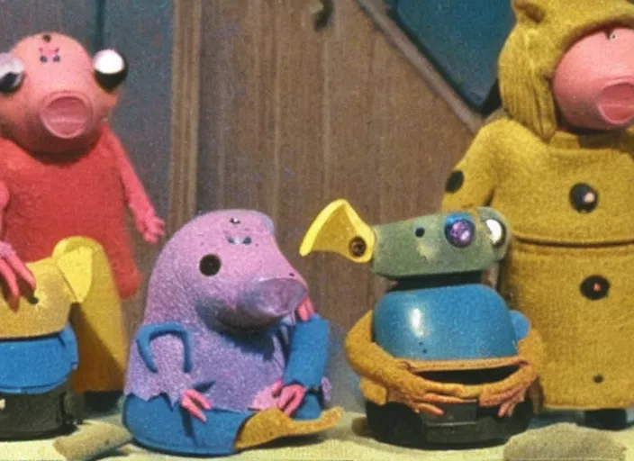 Image similar to a still from a 1 9 8 0 s british children ’ s bbc tv programme by oliver postgate, clangers, scarfolk, vhs distortion
