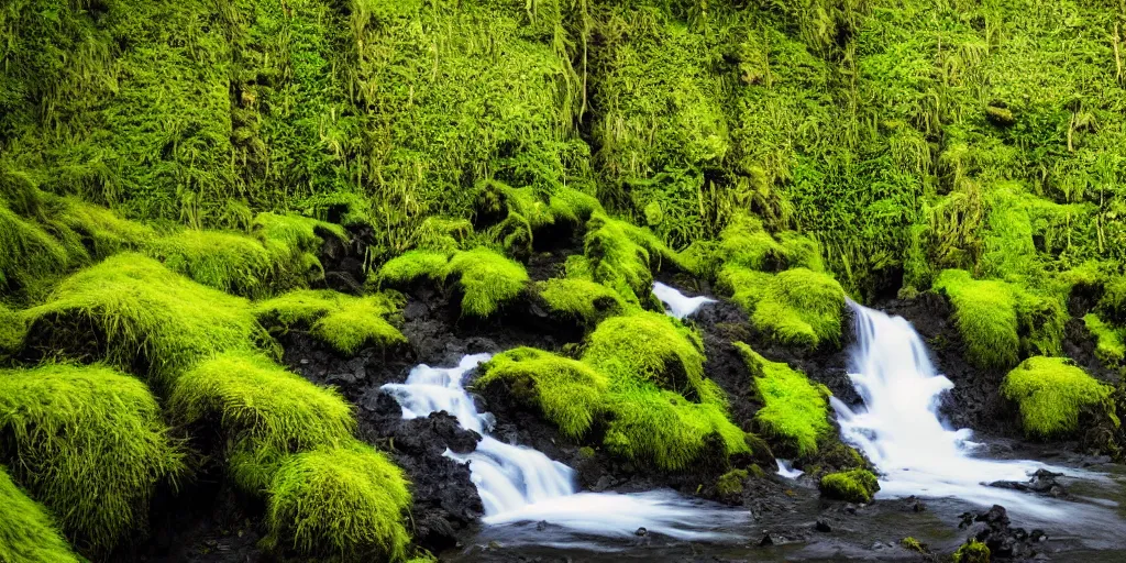 Image similar to photo of a landscape with lush forest, wallpaper, very very wide shot, iceland, new zeeland, green flush moss, national geographic, award landscape photography, professional landscape photography, waterfall, stream of water, hanging flowers, big sharp rock, ancient forest, primordial, sunny, day time, beautiful