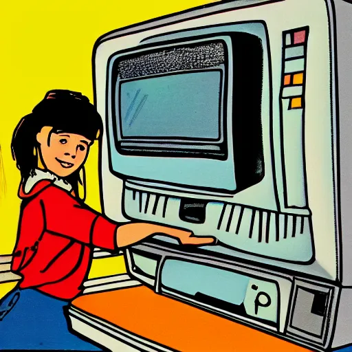 Image similar to illustration of Punky Brewster programming a 1980s desktop computer by Elsa Beskow