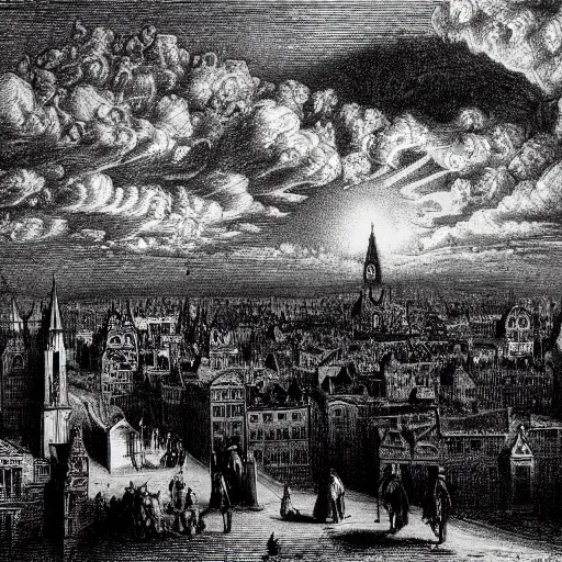 Image similar to Drawing of the city Mainz, gentleman, victorian ladies, dramatic clouds, moon, depth, Chiaroscuro, illustration by Gustave Doré