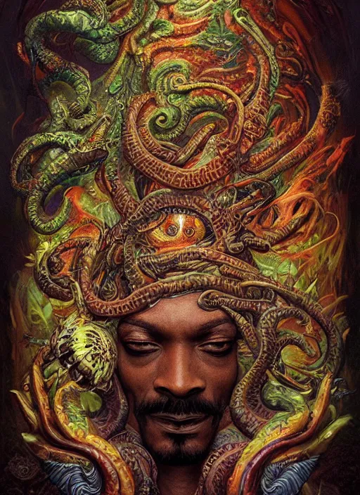 Image similar to snoop dogg reptile eyes, shamanic poster lsd art, intricate, elegant, highly detailed, centered, digital painting, artstation, concept art, smooth, sharp focus, illustration, artgerm, tomasz alen kopera, peter mohrbacher, donato giancola, joseph christian leyendecker, wlop, frank frazetta