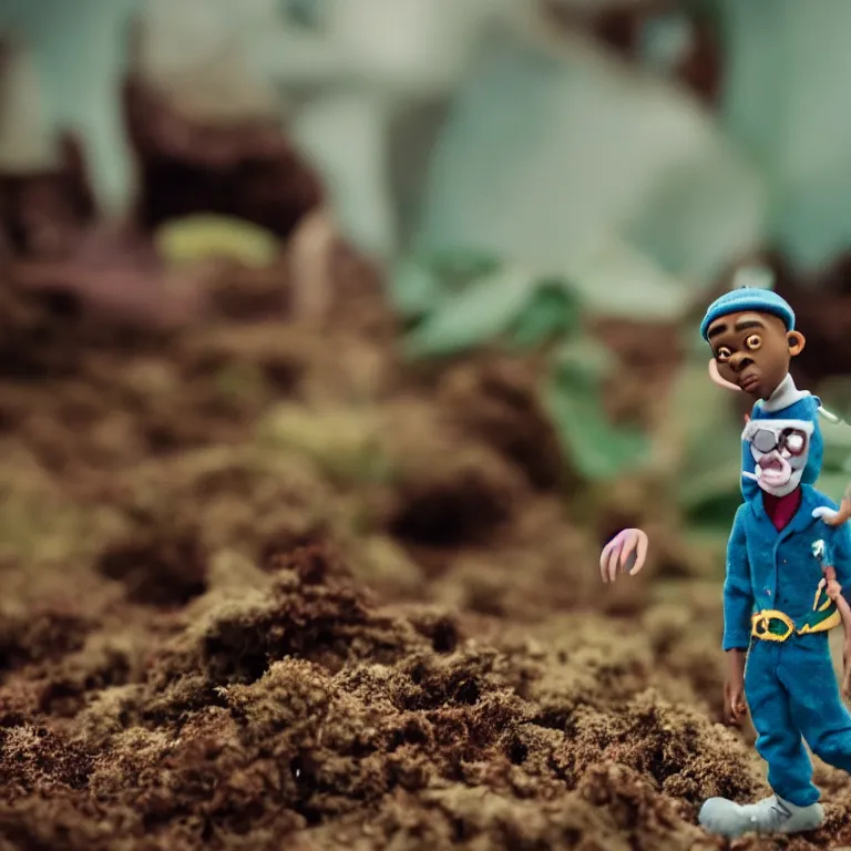 Prompt: a cinematic film still of a claymation stop motion film starring tyler the creator, shallow depth of field, 8 0 mm, f 1. 8