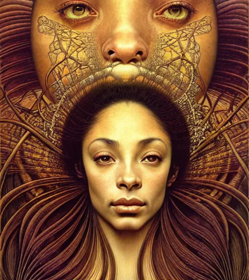 Prompt: detailed realistic beautiful young sade adu face portrait by jean delville, gustave dore and marco mazzoni, art nouveau, symbolist, visionary, gothic, pre - raphaelite. horizontal symmetry by zdzisław beksinski, iris van herpen, raymond swanland and alphonse mucha. highly detailed, hyper - real, beautiful, fractal details