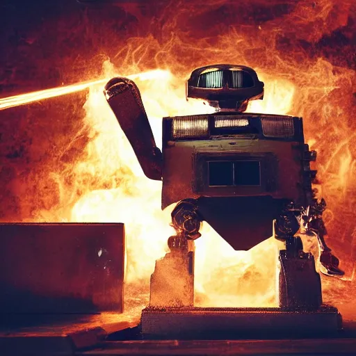 Image similar to toaster oven terminator robot, dark messy smoke - filled cluttered workshop, dark, dramatic lighting, orange tint, sparks, cinematic, highly detailed, sci - fi, futuristic, movie still