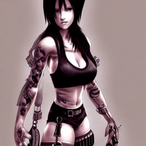 Image similar to detailed artwork of tifa lockhart with tattoos, featured on artstation