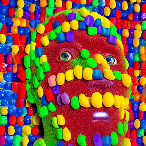 Image similar to a giant human head sculpture in the sea made out of thousands of small gummy bears, in the style of chad knight, long shot, hyper detailed, hyper realistic, ray tracing, 8 k resolution, sharp focus, realistic water, award winning