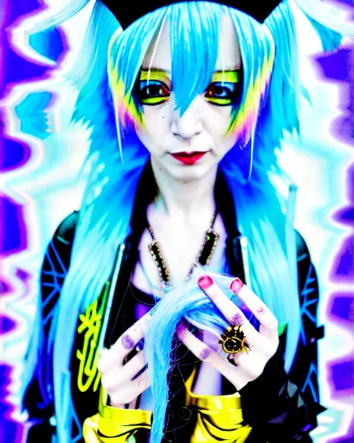 Image similar to a hologram of rimuru tempest, sky blue hair, golden yellow eyes, wearing black stylish clothing, holography, irridescent, baroque rococo visual kei decora art