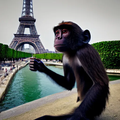 Image similar to high quality portrait of a monkey in front of eiffel tower, studio photograph, photograph, realistic photo, 8k photo, 4k photo, stock photo, high resolution, cinematic shot, high detail