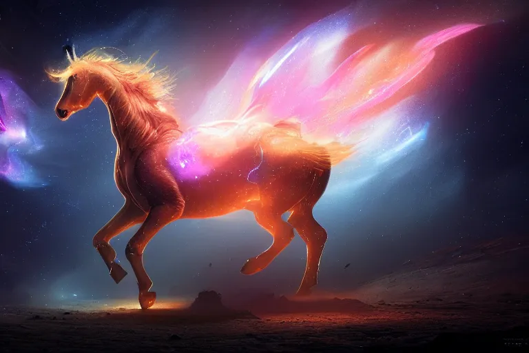 Image similar to a stunning horse made of a illuminated star chart running through a space nebula by greg rutkowski, high key lighting, volumetric light, digital art, highly detailed, fine detail, intricate, ornate, complex, octane render, unreal engine, photorealistic