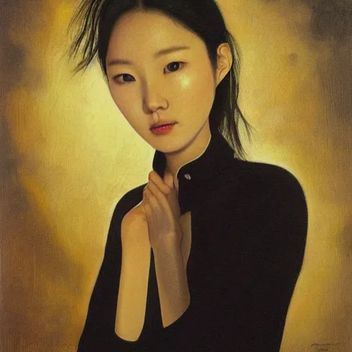 Prompt: Lee Jin-Eun by Johfra Bosschart, rule of thirds, seductive look, beautiful, in intergalactic hq