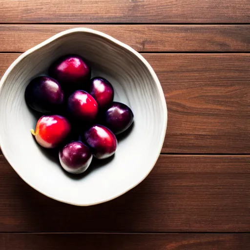 Image similar to photo of a thick porcelain bowl filled with a few moist freshly picked plums on a wooden table. volumetric lighting. 4 k. small scale. realistic. top down.