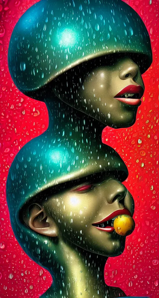 Prompt: art deco close up portait of mushroom head with big mouth surrounded by spheres, rain like a dream digital painting curvalinear clothing cinematic dramatic fluid lines otherworldly vaporwave interesting details epic composition by artgerm basquiat