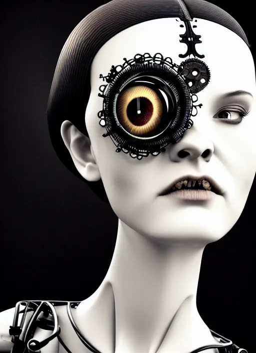 Prompt: 1 9 3 0 black and white gothic masterpiece profile face portrait, one steampunk eye biomechanical beautiful young female cyborg - robot, body ribs meshes, big monocular, volumetric light, hibiscus flowers, by hg giger, rim light, big gothic fashion pearl embroidered collar, 8 k